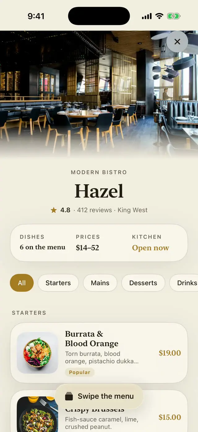 Guest view of the Hazel menu after scanning