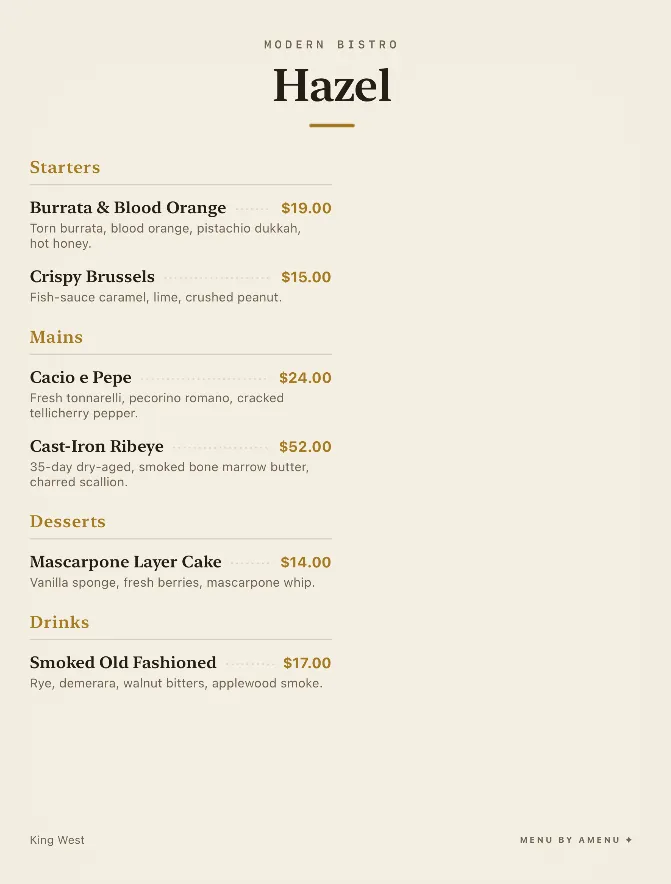 Printed Hazel menu