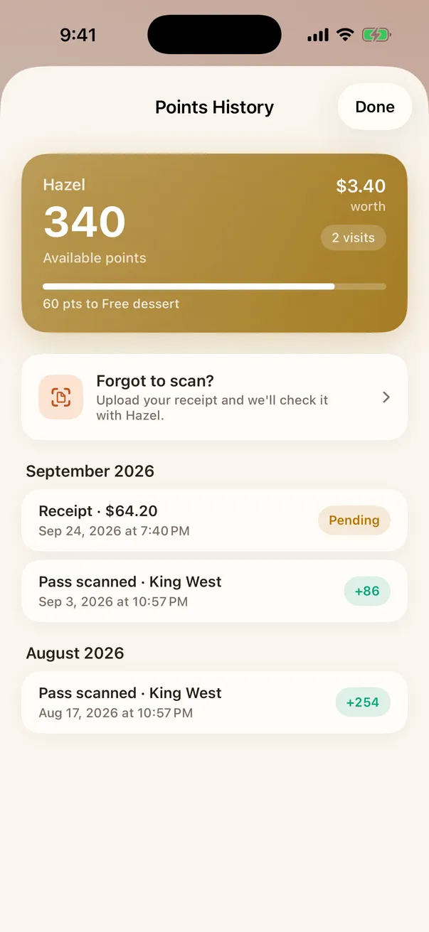 Points History with a receipt pending review